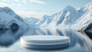 3D white circular platform floating on mountain lake, featuring snow-capped peaks backdrop and perfect mirror reflection in serene winter landscape setting. atmosphere photo