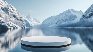 3D white circular platform floating on mountain lake, featuring snow-capped peaks backdrop and perfect mirror reflection in serene winter landscape setting. scenery photo