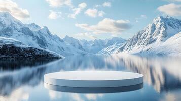 3D white circular platform floating on mountain lake, featuring snow-capped peaks backdrop and perfect mirror reflection in serene winter landscape setting. weather photo