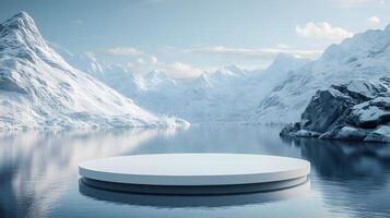 3D white circular platform floating on mountain lake, featuring snow-capped peaks backdrop and perfect mirror reflection in serene winter landscape setting. climate photo