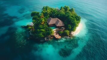 Aerial view of tropical island resort with overwater bungalows, featuring turquoise ocean, white sandy beaches, and lush palm trees in panoramic perspective. facilities photo