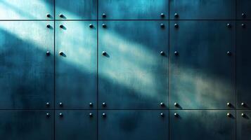 Industrial concrete wall with dramatic downlighting and blue-tinted surface, featuring geometric panel patterns and metallic rivets in modern brutalist architectural style. structure photo