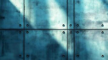 Industrial concrete wall with dramatic downlighting and blue-tinted surface, featuring geometric panel patterns and metallic rivets in modern brutalist architectural style. texture photo