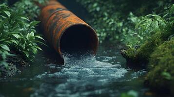 Industrial drainage pipe with flowing wastewater, featuring rusty metal texture and moss surroundings, capturing environmental impact with natural lighting and gritty details. rusty photo