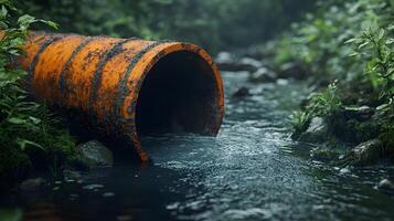 Industrial drainage pipe with flowing wastewater, featuring rusty metal texture and moss surroundings, capturing environmental impact with natural lighting and gritty details. pollution photo
