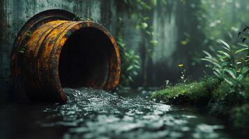 Industrial drainage pipe with flowing wastewater, featuring rusty metal texture and moss surroundings, capturing environmental impact with natural lighting and gritty details. texture photo