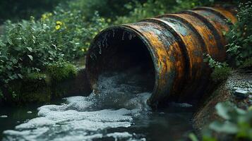 Industrial drainage pipe with flowing wastewater, featuring rusty metal texture and moss surroundings, capturing environmental impact with natural lighting and gritty details. wastewater photo