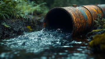 Industrial drainage pipe with flowing wastewater, featuring rusty metal texture and moss surroundings, capturing environmental impact with natural lighting and gritty details. discharge photo