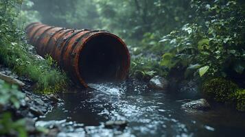 Industrial drainage pipe with flowing wastewater, featuring rusty metal texture and moss surroundings, capturing environmental impact with natural lighting and gritty details. environment photo