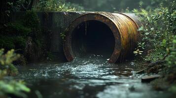 Industrial drainage pipe with flowing wastewater, featuring rusty metal texture and moss surroundings, capturing environmental impact with natural lighting and gritty details. contamination photo
