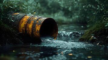 Industrial drainage pipe with flowing wastewater, featuring rusty metal texture and moss surroundings, capturing environmental impact with natural lighting and gritty details. impact photo