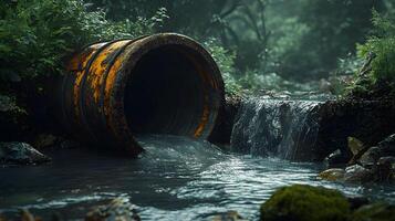 Industrial drainage pipe with flowing wastewater, featuring rusty metal texture and moss surroundings, capturing environmental impact with natural lighting and gritty details. natural photo