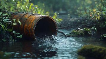 Industrial drainage pipe with flowing wastewater, featuring rusty metal texture and moss surroundings, capturing environmental impact with natural lighting and gritty details. surface photo