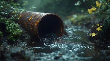 Industrial drainage pipe with flowing wastewater, featuring rusty metal texture and moss surroundings, capturing environmental impact with natural lighting and gritty details. corrosion photo