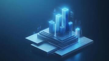 3D business data visualization with floating blue bar charts, UI dashboard elements, and white geometric platforms, featuring holographic statistics in modern infographic style. trends photo
