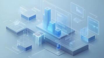 3D business data visualization with floating blue bar charts, UI dashboard elements, and white geometric platforms, featuring holographic statistics in modern infographic style. visualization photo
