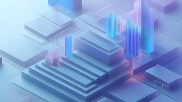 3D business data visualization with floating blue bar charts, UI dashboard elements, and white geometric platforms, featuring holographic statistics in modern infographic style. data photo