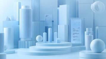 3D business data visualization with floating blue bar charts, UI dashboard elements, and white geometric platforms, featuring holographic statistics in modern infographic style. elements photo