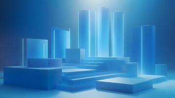 3D business data visualization with floating blue bar charts, UI dashboard elements, and white geometric platforms, featuring holographic statistics in modern infographic style. business photo