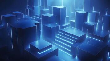 3D business data visualization with floating blue bar charts, UI dashboard elements, and white geometric platforms, featuring holographic statistics in modern infographic style. analysis photo
