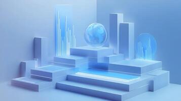 3D business data visualization with floating blue bar charts, UI dashboard elements, and white geometric platforms, featuring holographic statistics in modern infographic style. technology photo