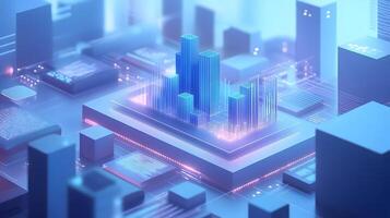 3D business data visualization with floating blue bar charts, UI dashboard elements, and white geometric platforms, featuring holographic statistics in modern infographic style. interface photo