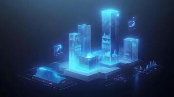 3D business data visualization with floating blue bar charts, UI dashboard elements, and white geometric platforms, featuring holographic statistics in modern infographic style. presentation photo