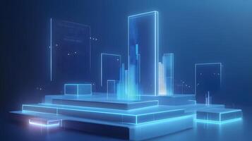 3D business data visualization with floating blue bar charts, UI dashboard elements, and white geometric platforms, featuring holographic statistics in modern infographic style. information photo