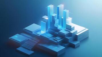 3D business data visualization with floating blue bar charts, UI dashboard elements, and white geometric platforms, featuring holographic statistics in modern infographic style. analytics photo