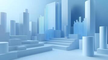 3D business data visualization with floating blue bar charts, UI dashboard elements, and white geometric platforms, featuring holographic statistics in modern infographic style. metrics photo
