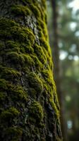 A close up of a tree trunk with moss growing on it photo
