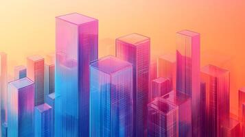 Isometric glass skyscrapers with translucent gradients transitioning from blue to pink, featuring modern geometric shapes and glowing edges on light beige background. balance photo