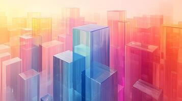 Isometric glass skyscrapers with translucent gradients transitioning from blue to pink, featuring modern geometric shapes and glowing edges on light beige background. proportion photo