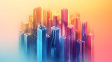 Isometric glass skyscrapers with translucent gradients transitioning from blue to pink, featuring modern geometric shapes and glowing edges on light beige background. form photo