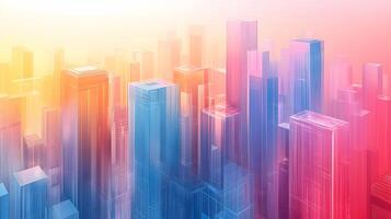 Isometric glass skyscrapers with translucent gradients transitioning from blue to pink, featuring modern geometric shapes and glowing edges on light beige background. harmony photo
