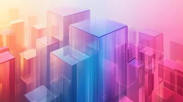Isometric glass skyscrapers with translucent gradients transitioning from blue to pink, featuring modern geometric shapes and glowing edges on light beige background. pattern photo
