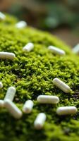 A pile of pills on a mossy surface photo