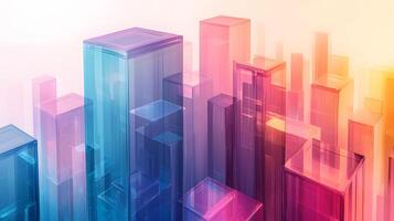 Isometric glass skyscrapers with translucent gradients transitioning from blue to pink, featuring modern geometric shapes and glowing edges on light beige background. skyscrapers photo