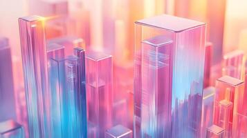 Isometric glass skyscrapers with translucent gradients transitioning from blue to pink, featuring modern geometric shapes and glowing edges on light beige background. shape photo