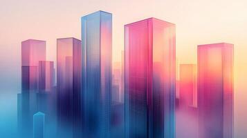 Isometric glass skyscrapers with translucent gradients transitioning from blue to pink, featuring modern geometric shapes and glowing edges on light beige background. translucent photo