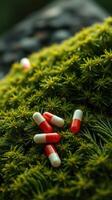 Pills on a moss covered plant photo