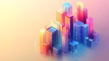 Isometric glass skyscrapers with translucent gradients transitioning from blue to pink, featuring modern geometric shapes and glowing edges on light beige background. gradient photo