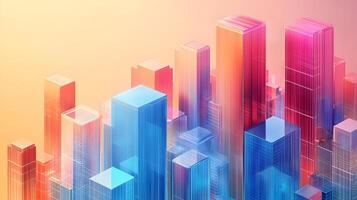Isometric glass skyscrapers with translucent gradients transitioning from blue to pink, featuring modern geometric shapes and glowing edges on light beige background. buildings photo