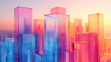 Isometric glass skyscrapers with translucent gradients transitioning from blue to pink, featuring modern geometric shapes and glowing edges on light beige background. geometric photo