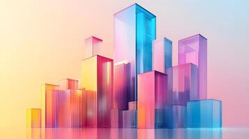 Isometric glass skyscrapers with translucent gradients transitioning from blue to pink, featuring modern geometric shapes and glowing edges on light beige background. modern photo