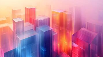 Isometric glass skyscrapers with translucent gradients transitioning from blue to pink, featuring modern geometric shapes and glowing edges on light beige background. pink photo