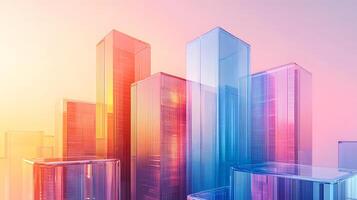 Isometric glass skyscrapers with translucent gradients transitioning from blue to pink, featuring modern geometric shapes and glowing edges on light beige background. architecture photo