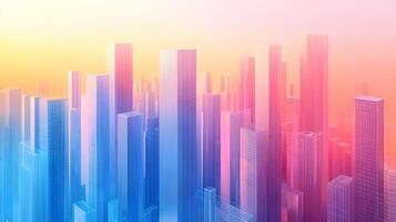 Isometric glass skyscrapers with translucent gradients transitioning from blue to pink, featuring modern geometric shapes and glowing edges on light beige background. glowing photo