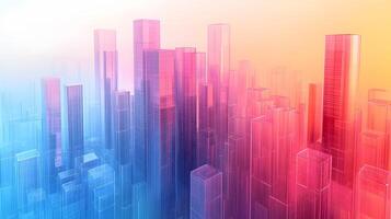 Isometric glass skyscrapers with translucent gradients transitioning from blue to pink, featuring modern geometric shapes and glowing edges on light beige background. design photo