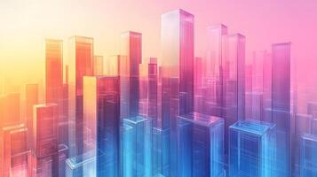 Isometric glass skyscrapers with translucent gradients transitioning from blue to pink, featuring modern geometric shapes and glowing edges on light beige background. structure photo